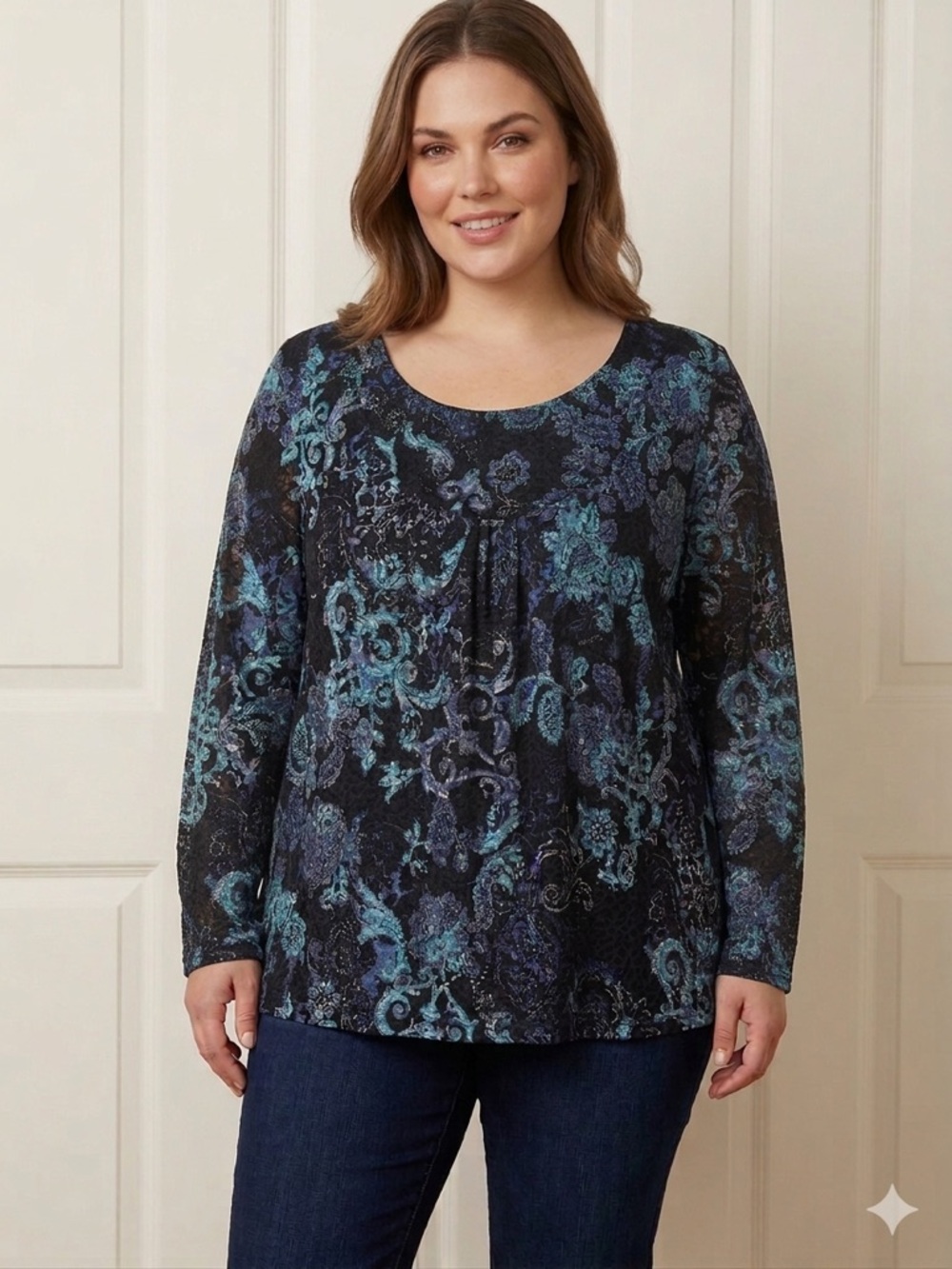 White Stag Vintage Y2K Paisley Lace Top XL Long Sleeve Blue Black Boho